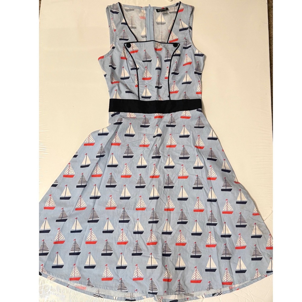 Retrolicious Blue Sailboat Print Fit & Flare Dress Sleeveless Nautical XXS NWT